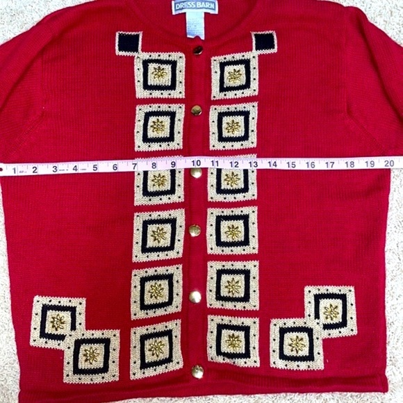 Vintage Red Knit Cardigan Geometric Squares Gold Button Front Retro Sweater M - Picture 6 of 10